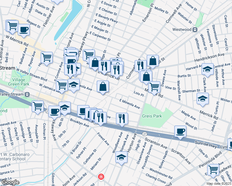 map of restaurants, bars, coffee shops, grocery stores, and more near 169 East Lincoln Avenue in Valley Stream