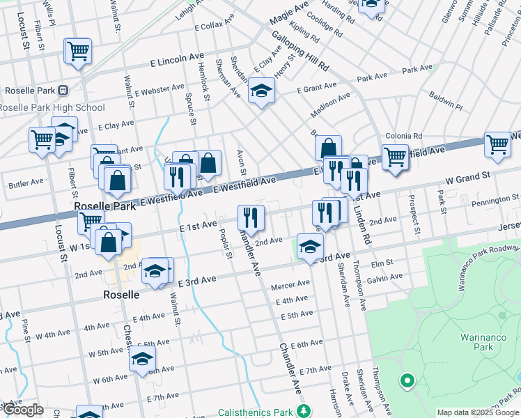 map of restaurants, bars, coffee shops, grocery stores, and more near 415 Hope Avenue in Roselle