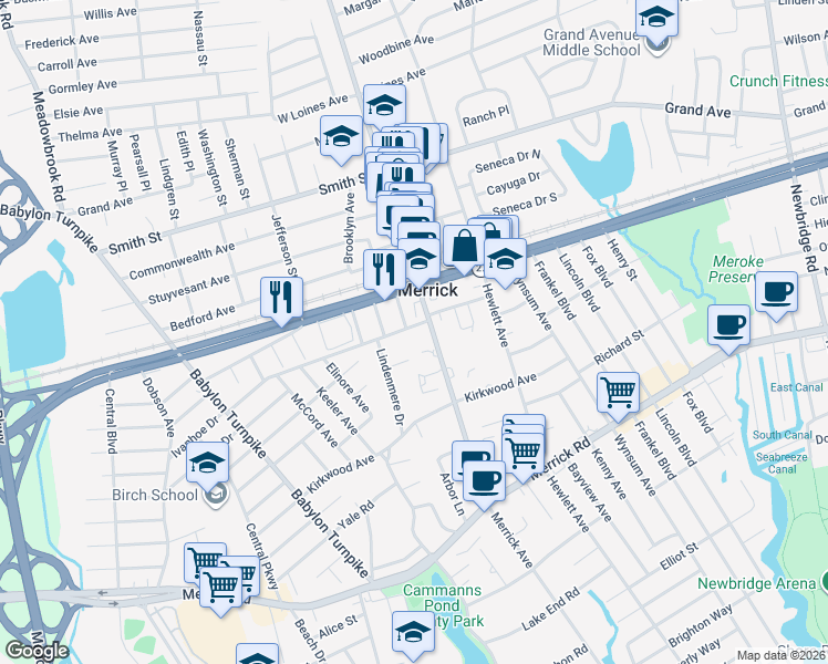 map of restaurants, bars, coffee shops, grocery stores, and more near 7 York Place in Merrick