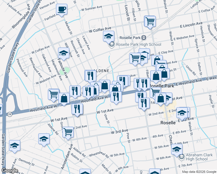 map of restaurants, bars, coffee shops, grocery stores, and more near 126 Hawthorne Street in Roselle Park