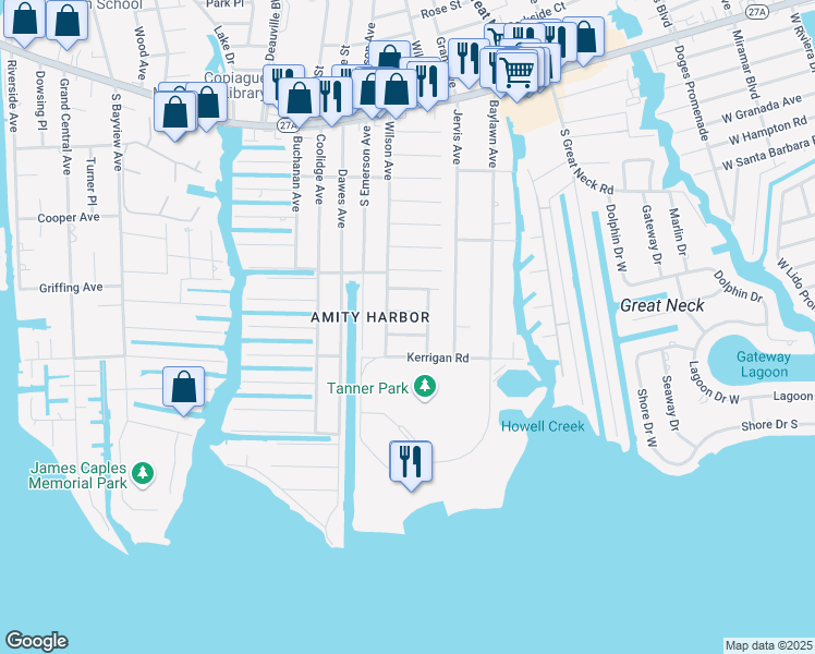 map of restaurants, bars, coffee shops, grocery stores, and more near 7 Jerome Place in Copiague