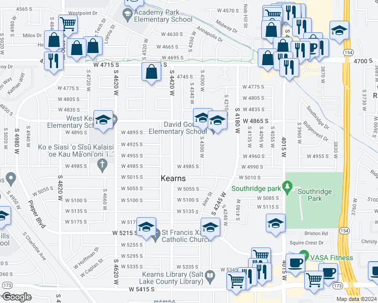 map of restaurants, bars, coffee shops, grocery stores, and more near 4950 South 4340 West in Kearns