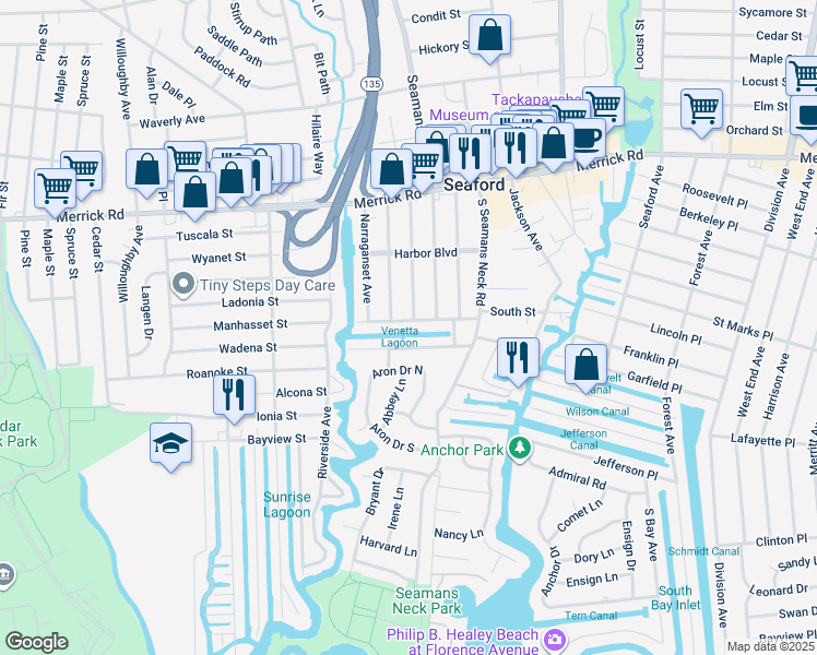 map of restaurants, bars, coffee shops, grocery stores, and more near 3791 Tiana Street in Seaford