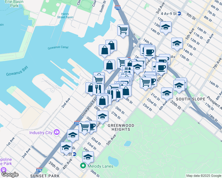 map of restaurants, bars, coffee shops, grocery stores, and more near 900 24th Street in Brooklyn