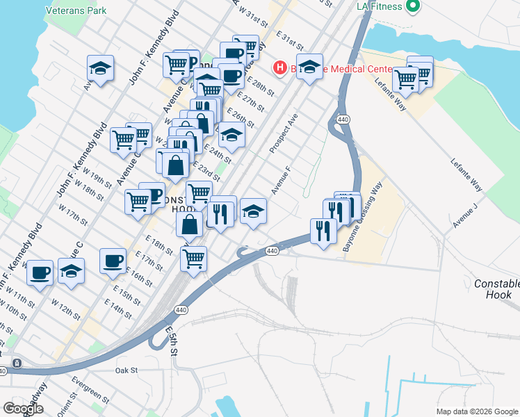 map of restaurants, bars, coffee shops, grocery stores, and more near 151 Avenue F in Bayonne