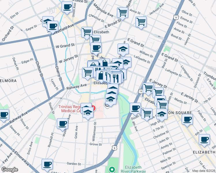 map of restaurants, bars, coffee shops, grocery stores, and more near 1120 Elizabeth Avenue in Elizabeth