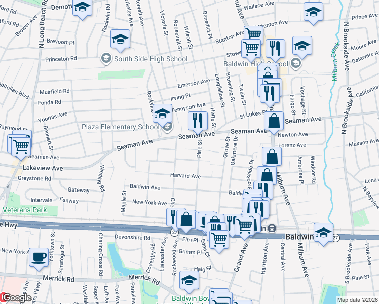 map of restaurants, bars, coffee shops, grocery stores, and more near 2000 Pine Street in Baldwin
