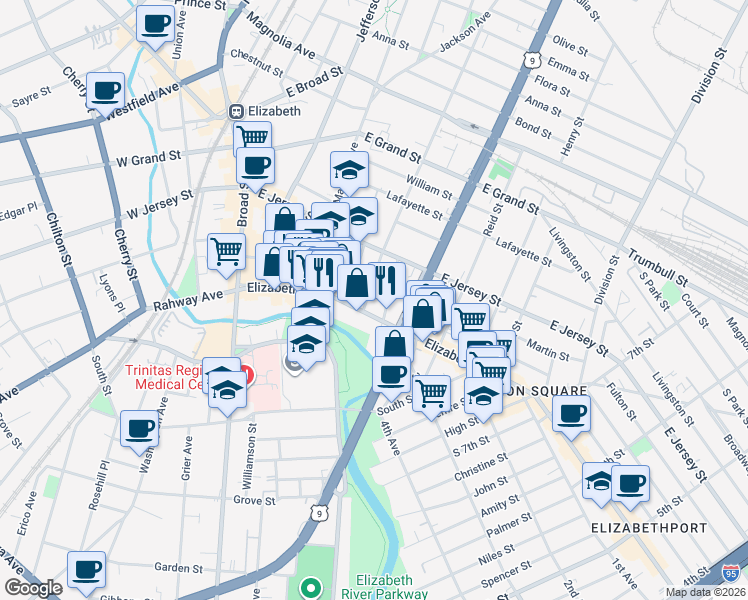 map of restaurants, bars, coffee shops, grocery stores, and more near 18 Catherine Street in Elizabeth