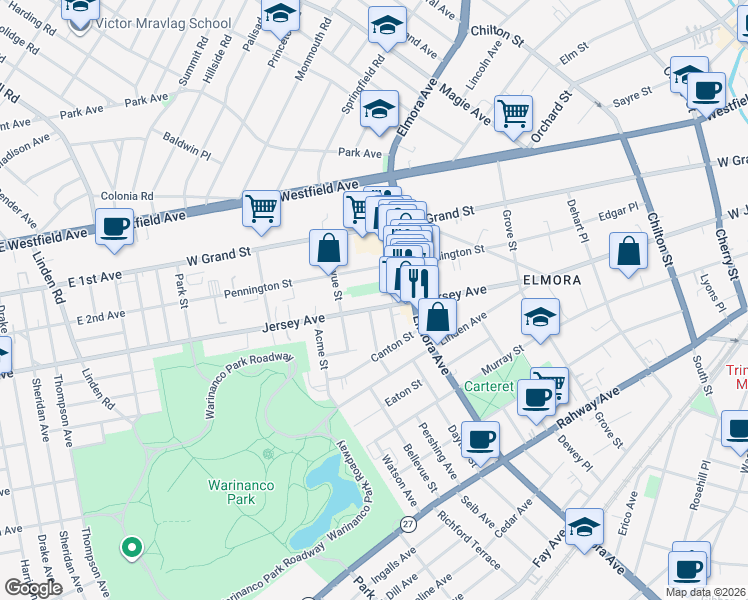 map of restaurants, bars, coffee shops, grocery stores, and more near 169 Bellevue Street in Elizabeth