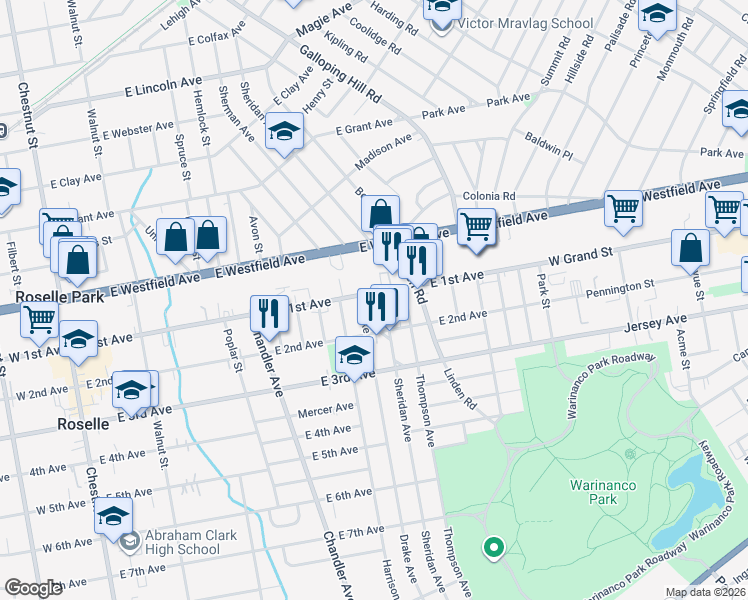 map of restaurants, bars, coffee shops, grocery stores, and more near 545 East 1st Avenue in Roselle