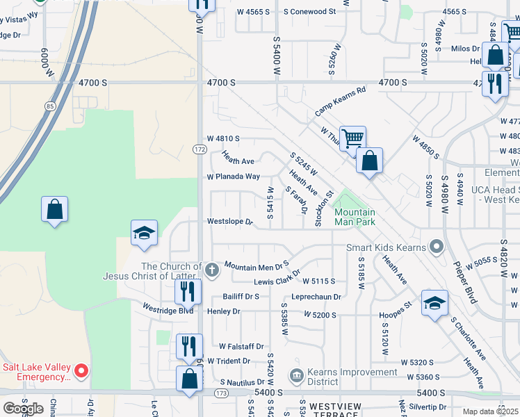 map of restaurants, bars, coffee shops, grocery stores, and more near 4943 South 5455 West in Kearns