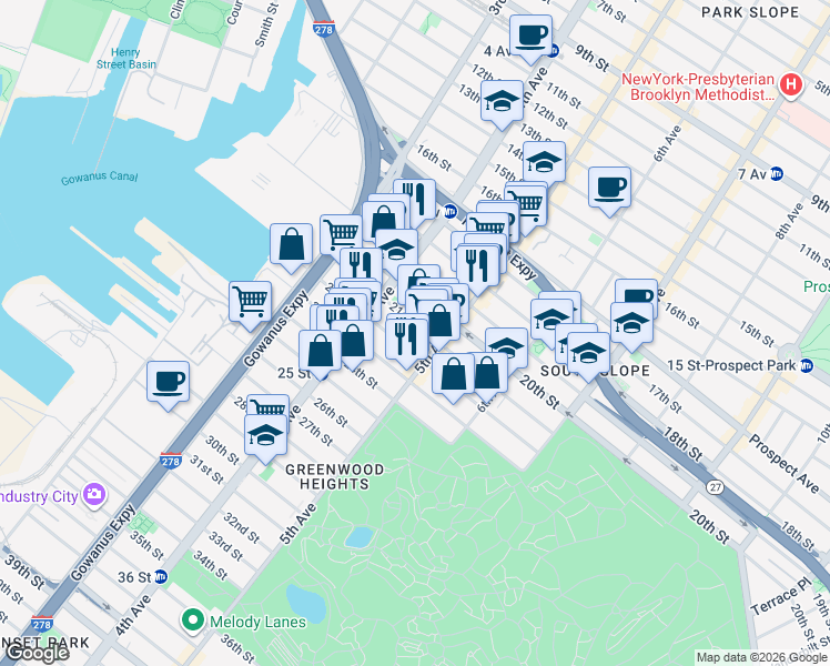 map of restaurants, bars, coffee shops, grocery stores, and more near 200 21st Street in Brooklyn