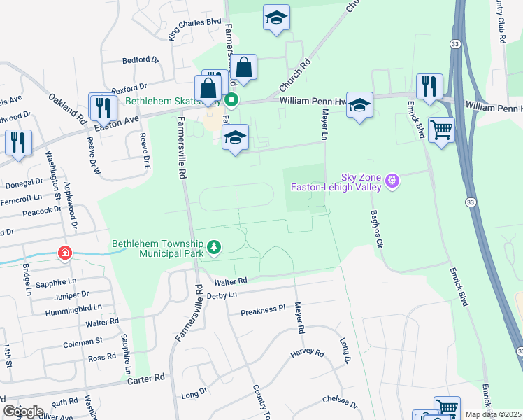map of restaurants, bars, coffee shops, grocery stores, and more near 4520 Pheasant Run Court in Bethlehem