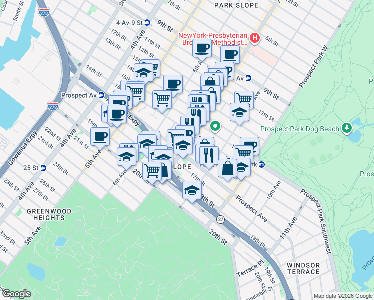 map of restaurants, bars, coffee shops, grocery stores, and more near 489 7th Avenue in Brooklyn