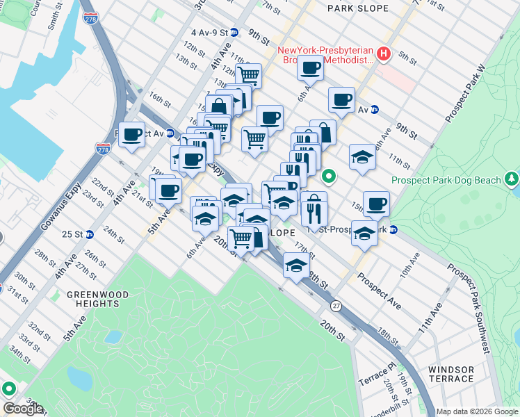 map of restaurants, bars, coffee shops, grocery stores, and more near 17 Calder Place in Brooklyn