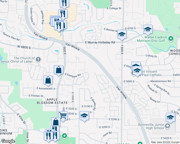 map of restaurants, bars, coffee shops, grocery stores, and more near 4943 South Eastridge Lane in Millcreek