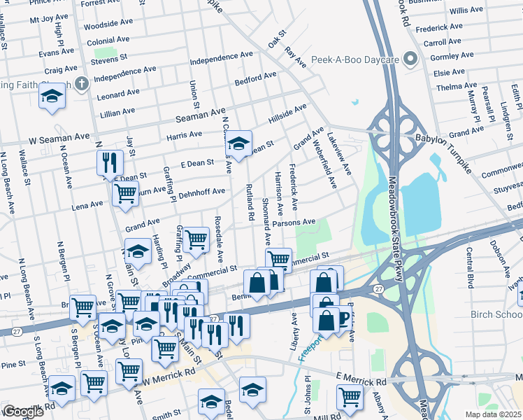 map of restaurants, bars, coffee shops, grocery stores, and more near 89 Shonnard Avenue in Freeport