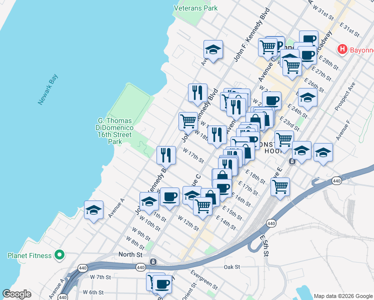 map of restaurants, bars, coffee shops, grocery stores, and more near 94 Andrew Street in Bayonne