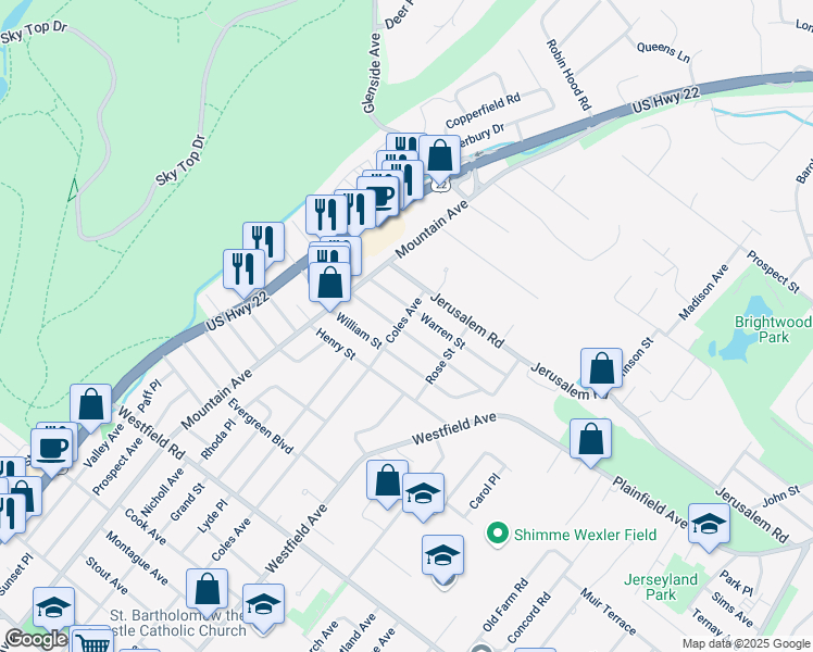 map of restaurants, bars, coffee shops, grocery stores, and more near 411 Warren Street in Scotch Plains