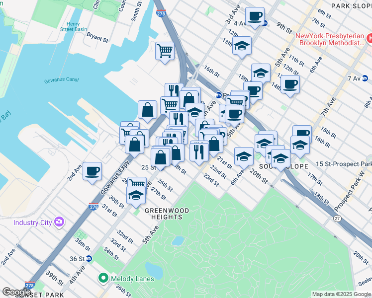 map of restaurants, bars, coffee shops, grocery stores, and more near 188 22nd Street in Brooklyn