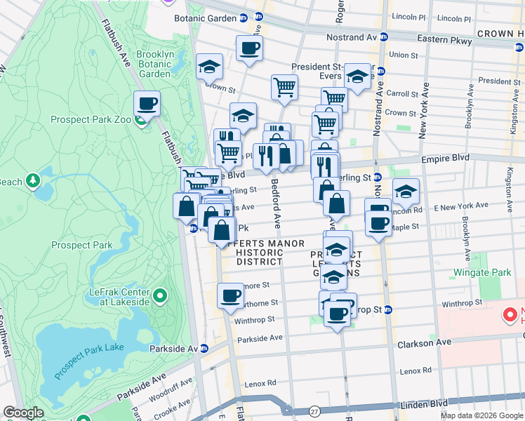 map of restaurants, bars, coffee shops, grocery stores, and more near 100 Lefferts Avenue in Brooklyn