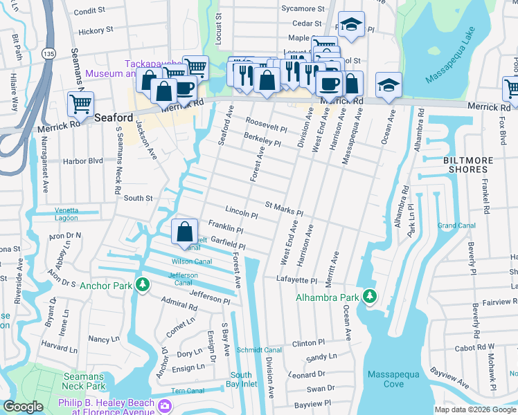 map of restaurants, bars, coffee shops, grocery stores, and more near 107 Saint Marks Place in Massapequa