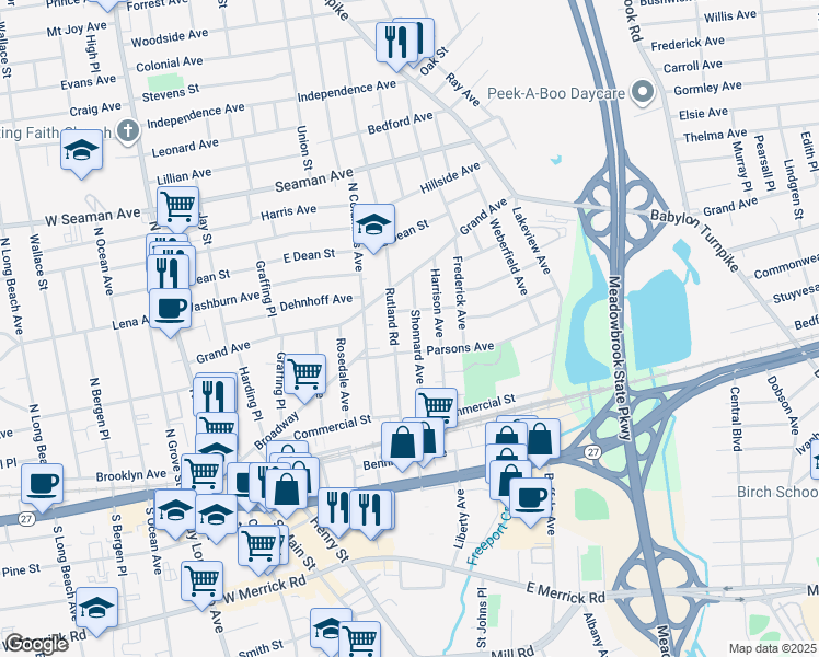 map of restaurants, bars, coffee shops, grocery stores, and more near 89 Shonnard Avenue in Freeport