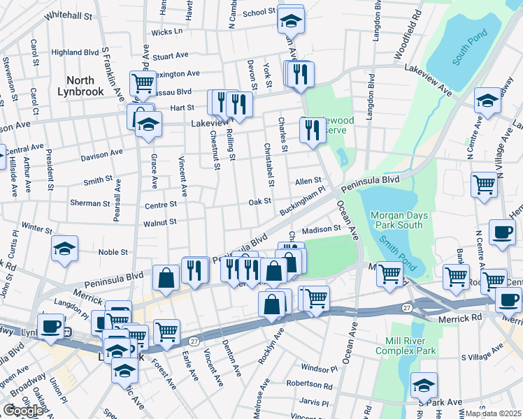 map of restaurants, bars, coffee shops, grocery stores, and more near 62 Oak Street in Lynbrook