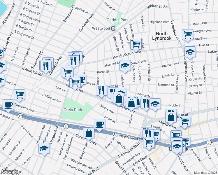 map of restaurants, bars, coffee shops, grocery stores, and more near 44 Taft Avenue in Lynbrook