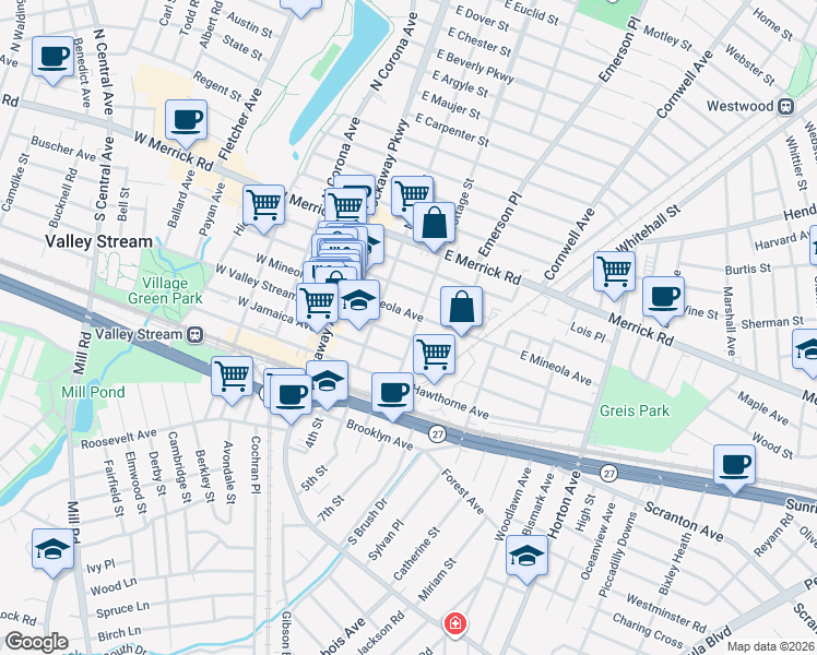 map of restaurants, bars, coffee shops, grocery stores, and more near 54 East Mineola Avenue in Valley Stream