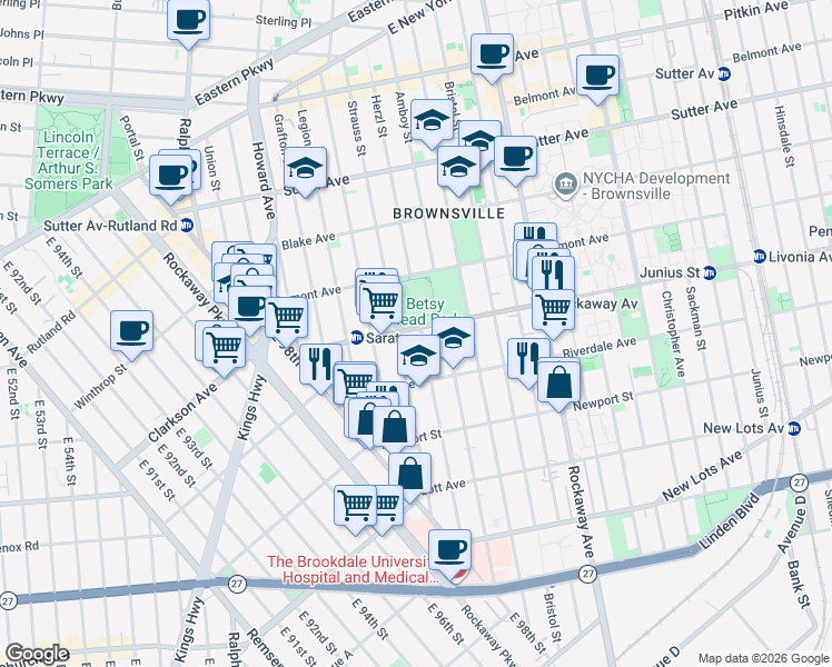 map of restaurants, bars, coffee shops, grocery stores, and more near 2133 Strauss Street in Brooklyn