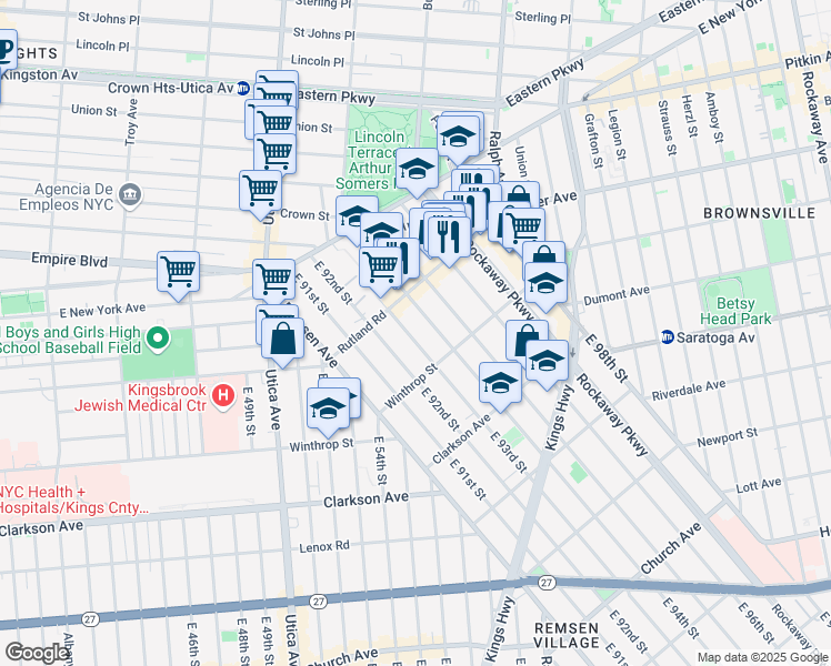 map of restaurants, bars, coffee shops, grocery stores, and more near 131 East 93rd Street in Brooklyn