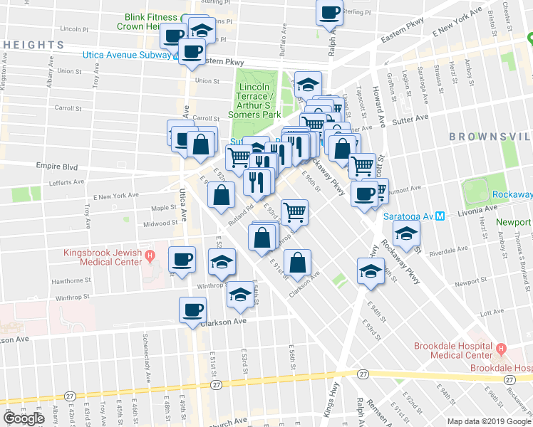 map of restaurants, bars, coffee shops, grocery stores, and more near 131 East 93rd Street in Brooklyn