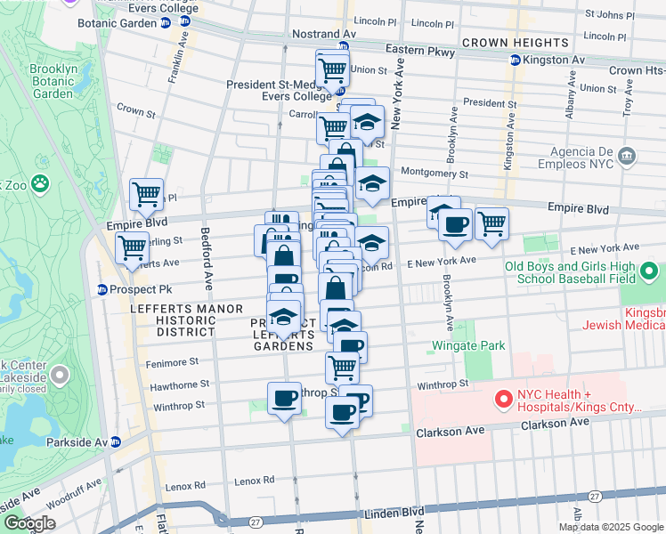 map of restaurants, bars, coffee shops, grocery stores, and more near 1046 Nostrand Avenue in Brooklyn