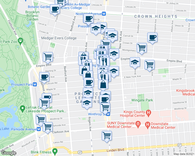 map of restaurants, bars, coffee shops, grocery stores, and more near 298 Lefferts Avenue in Brooklyn