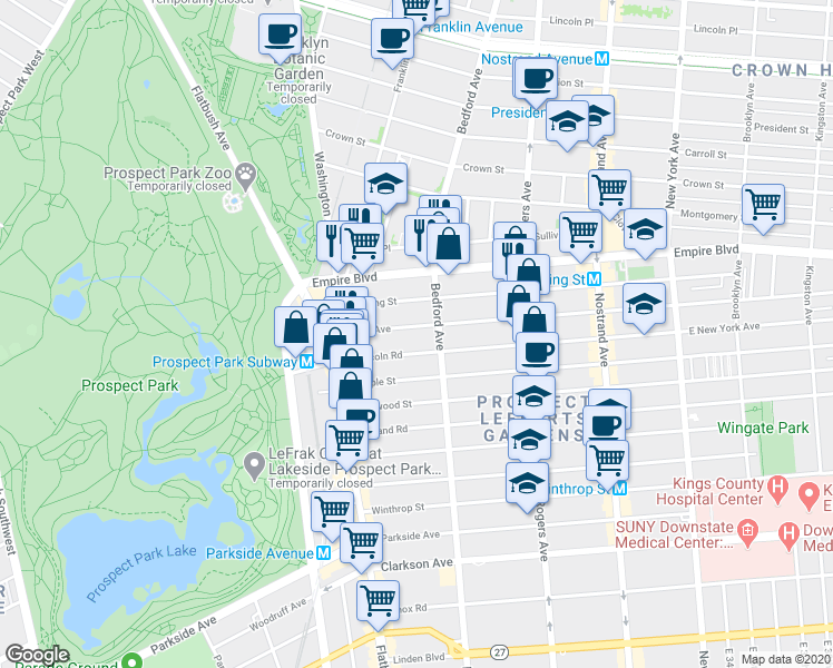 map of restaurants, bars, coffee shops, grocery stores, and more near 119 Lefferts Avenue in Brooklyn