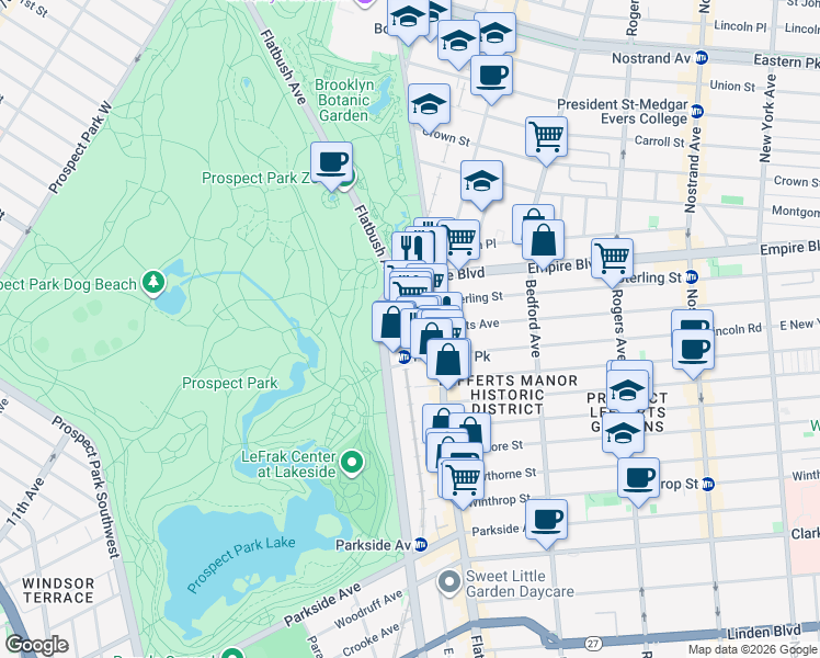 map of restaurants, bars, coffee shops, grocery stores, and more near 496 Flatbush Avenue in Brooklyn