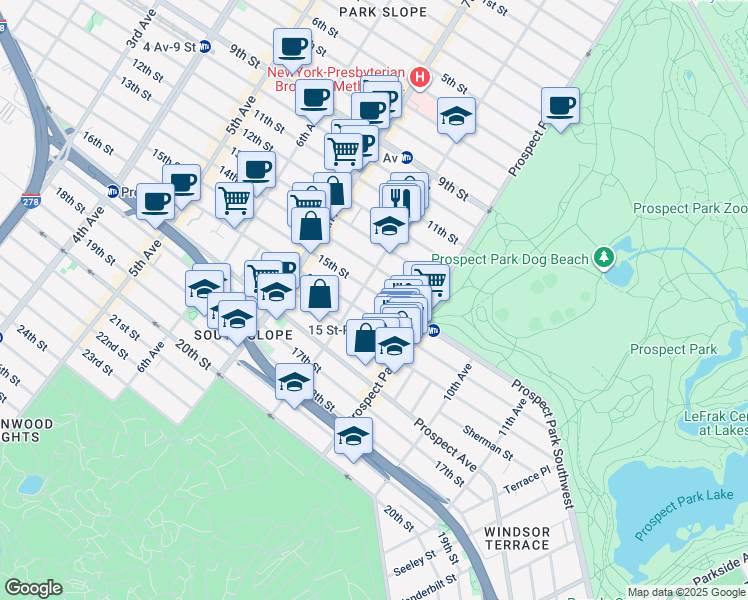 map of restaurants, bars, coffee shops, grocery stores, and more near 423 15th Street in Brooklyn