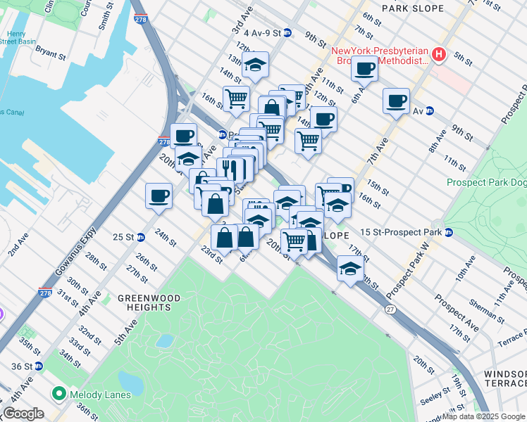 map of restaurants, bars, coffee shops, grocery stores, and more near 278 18th Street in Brooklyn