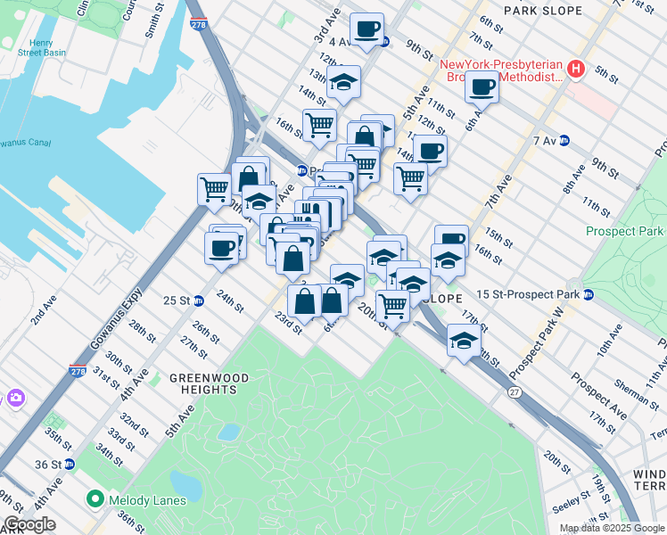 map of restaurants, bars, coffee shops, grocery stores, and more near 252 19th Street in Brooklyn