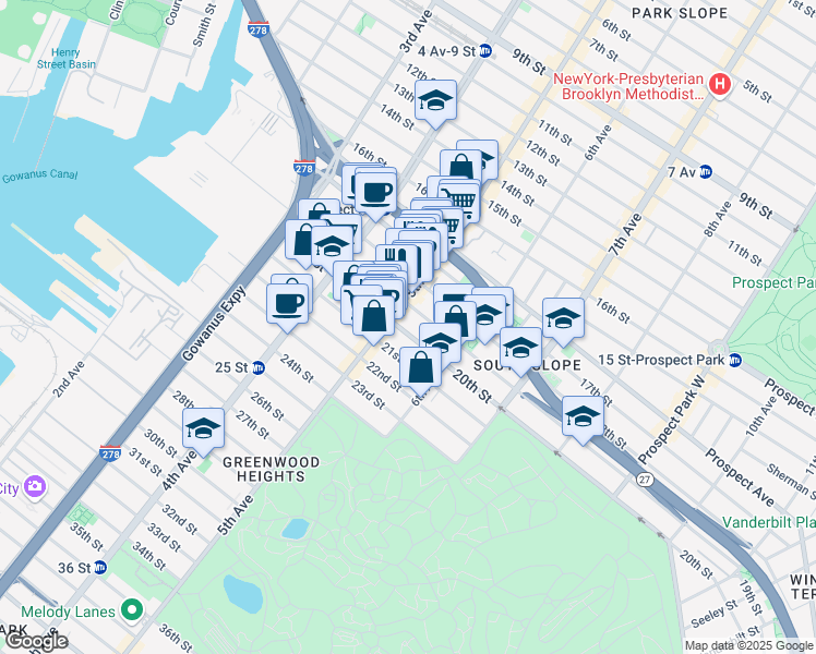 map of restaurants, bars, coffee shops, grocery stores, and more near 252 19th Street in Brooklyn