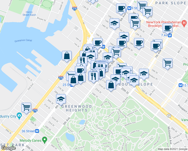 map of restaurants, bars, coffee shops, grocery stores, and more near 200 21st Street in Brooklyn