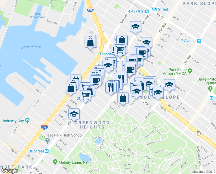 map of restaurants, bars, coffee shops, grocery stores, and more near 200 21st Street in Brooklyn