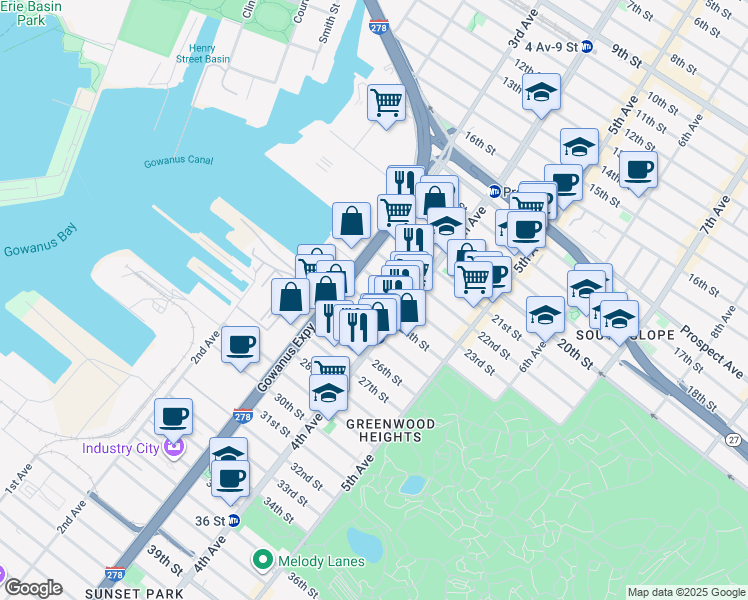 map of restaurants, bars, coffee shops, grocery stores, and more near 148 23rd Street in Brooklyn