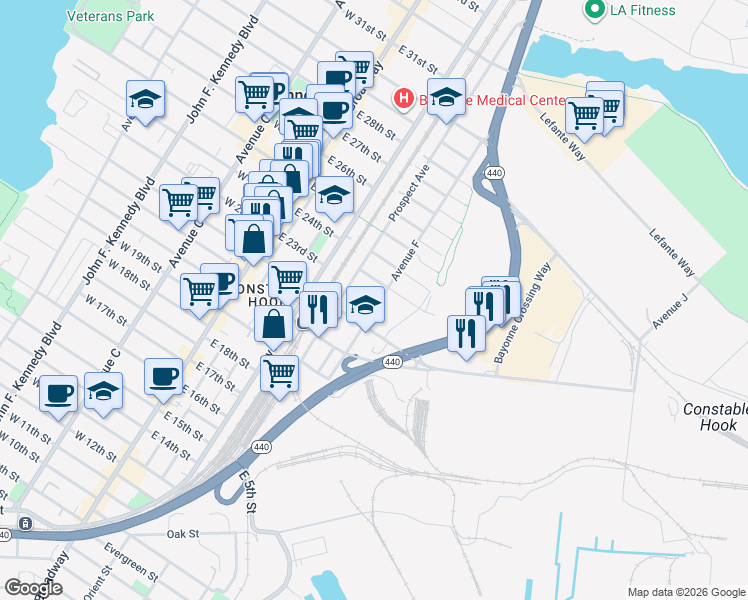 map of restaurants, bars, coffee shops, grocery stores, and more near 151 Avenue F in Bayonne