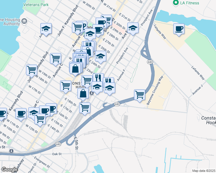 map of restaurants, bars, coffee shops, grocery stores, and more near 71 Prospect Avenue in Bayonne