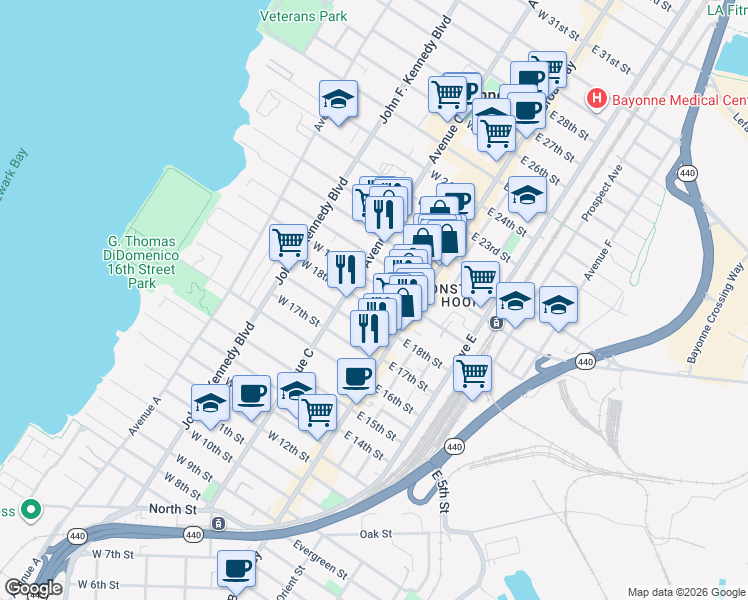 map of restaurants, bars, coffee shops, grocery stores, and more near 45 West 18th Street in Bayonne