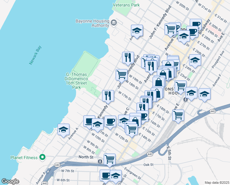 map of restaurants, bars, coffee shops, grocery stores, and more near 453 John F. Kennedy Boulevard in Bayonne