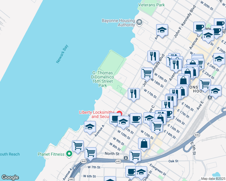 map of restaurants, bars, coffee shops, grocery stores, and more near 385 Avenue A in Bayonne