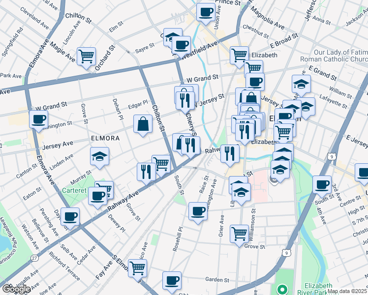 map of restaurants, bars, coffee shops, grocery stores, and more near 21 Lyons Place in Elizabeth